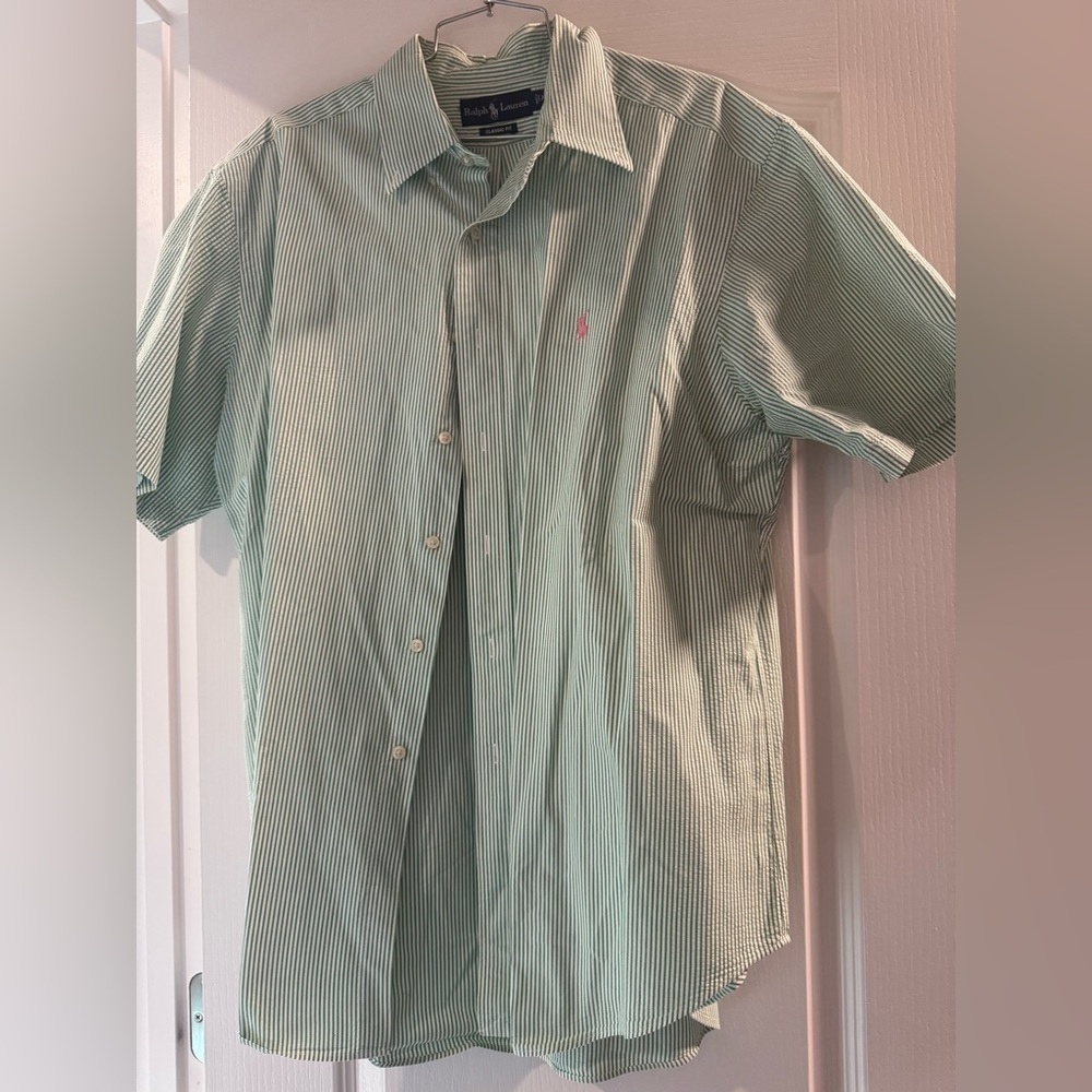 Ralph Lauren Green and White Striped short sleeve Button Down Shirt xl